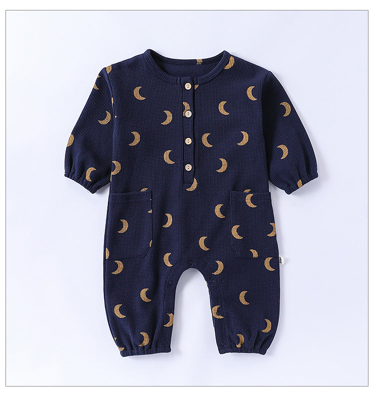 Spring New Arrival Baby Unisex Long Sleeves Waffle Grid and Simple Pattern Rompers-4