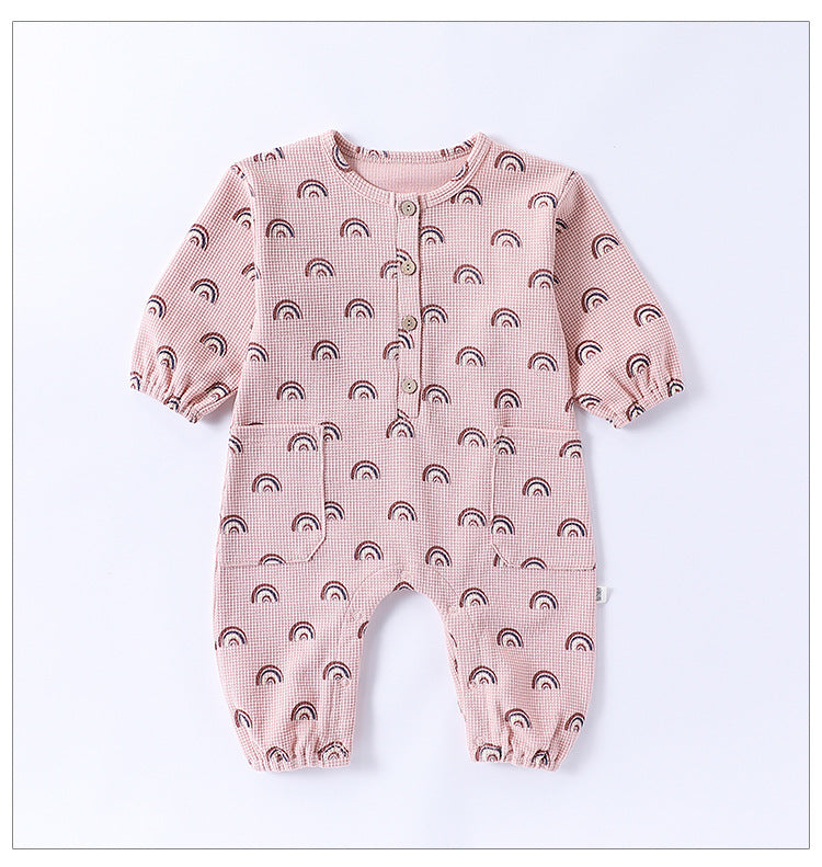Spring New Arrival Baby Unisex Long Sleeves Waffle Grid and Simple Pattern Rompers-5