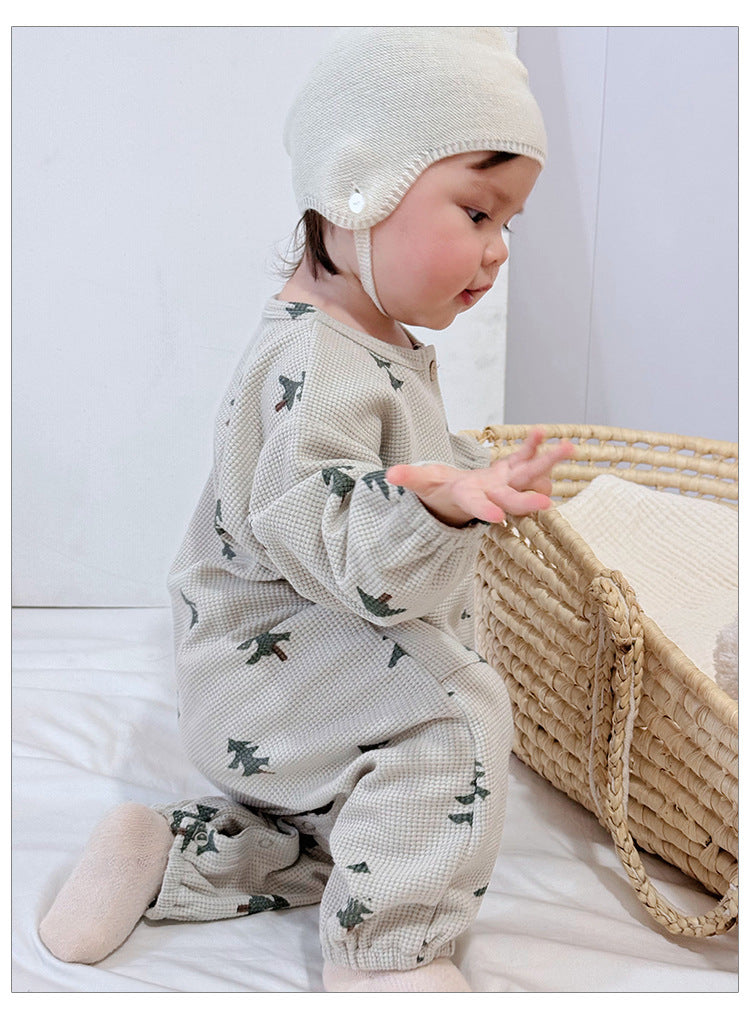 Spring New Arrival Baby Unisex Long Sleeves Waffle Grid and Simple Pattern Rompers-2