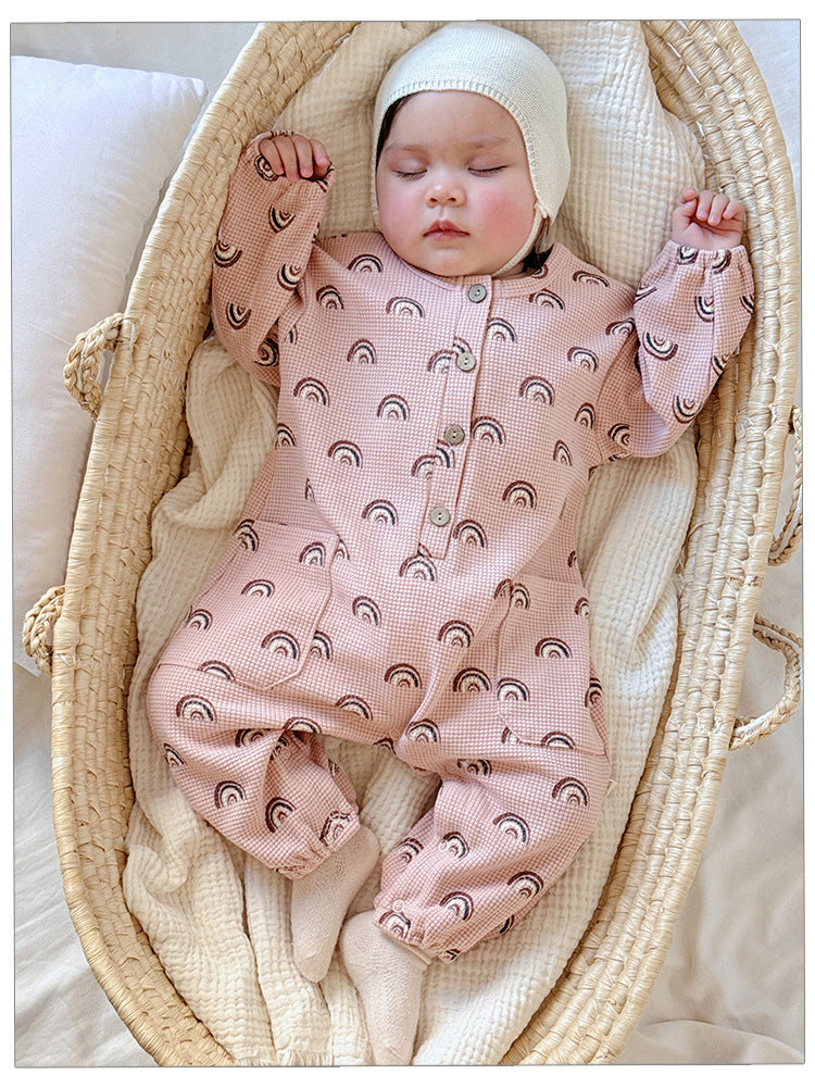 Spring New Arrival Baby Unisex Long Sleeves Waffle Grid and Simple Pattern Rompers-1