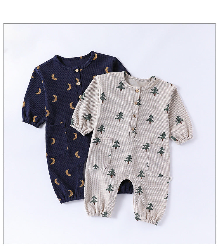 Spring New Arrival Baby Unisex Long Sleeves Waffle Grid and Simple Pattern Rompers-0